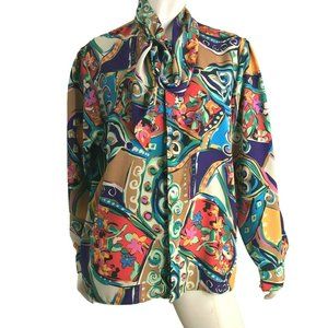 Howard Wolf Top Womens Large Blouse Silky Tie Collar Bright Vintage